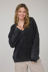 Black Vintage Wash Oversized V-Neck Maternity Sweater