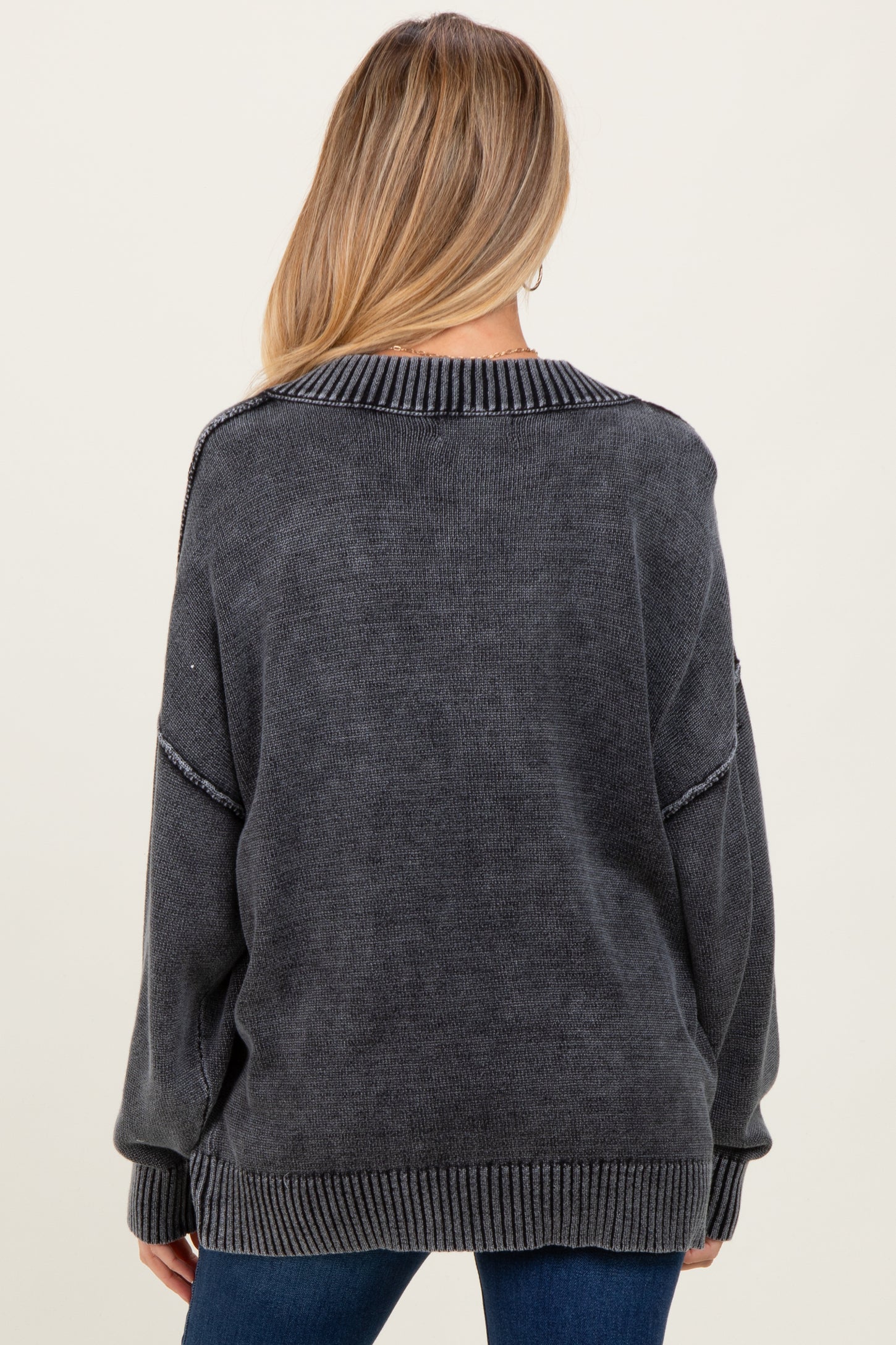 Black Vintage Wash Oversized V-Neck Maternity Sweater