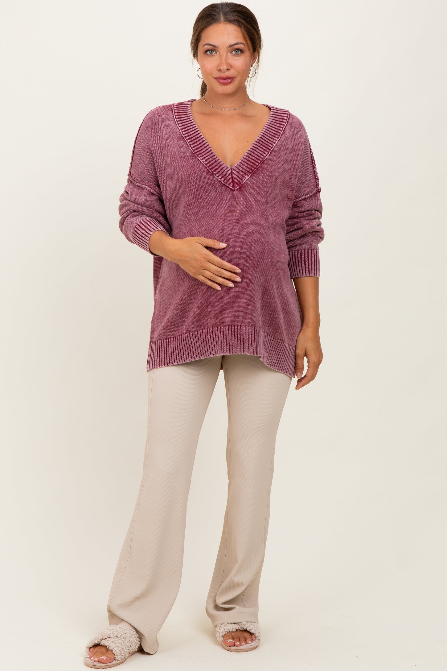 Burgundy Vintage Wash Oversized V-Neck Maternity Sweater