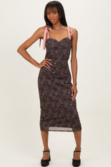 Brown Animal Print Mesh Shoulder Tie Dress