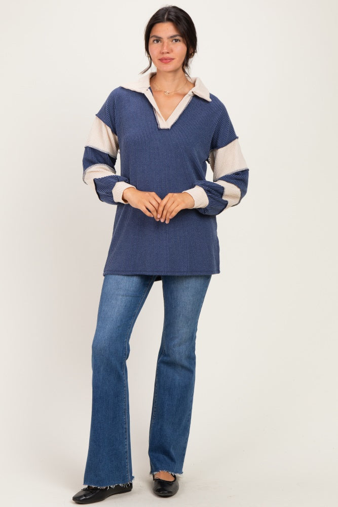 Navy Long Sleeve Collar Solid Contrast Top
