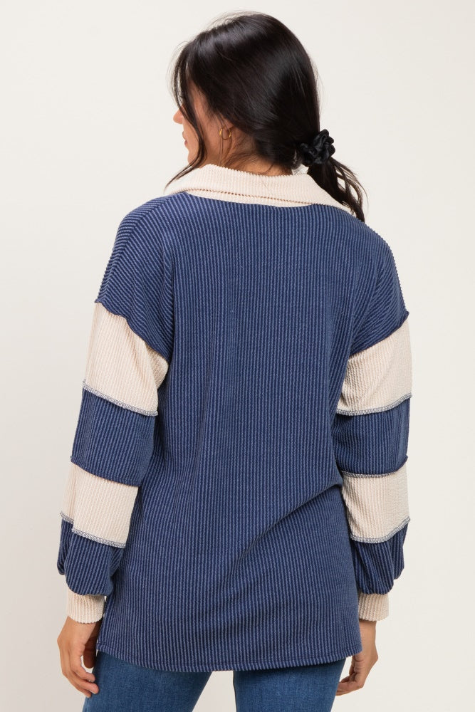 Navy Long Sleeve Collar Solid Contrast Top