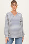 Cream/Navy Long Puff Sleeve V-Neck Striped Maternity Top