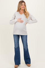Cream/Taupe Long Puff Sleeve V-Neck Striped Maternity Top