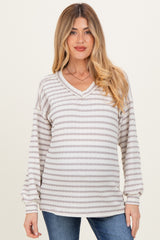 Cream/Taupe Long Puff Sleeve V-Neck Striped Maternity Top