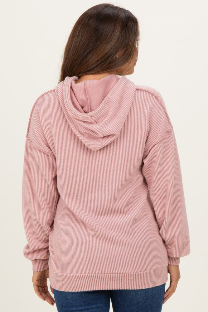 Pink Long Sleeve Brushed Urban Rib Maternity Hoodie Top
