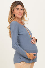 Blue Colorblock Snap Button Maternity Henley