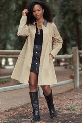 Camel Plaid Contrast A-Line Midi Trench Coat