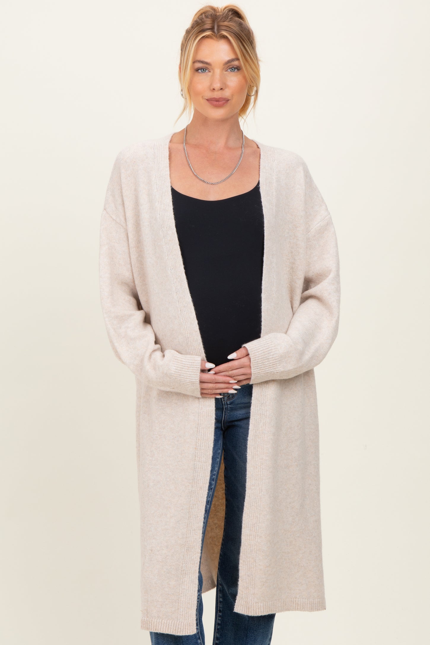 Cream Brushed Knit Maternity Open Long Cardigan