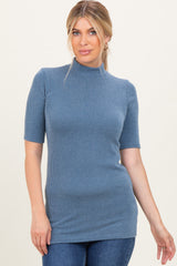 Denim Blue Soft Brushed Knit Mock Neck Top