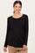woman wearing a black long sleeve maternity top with gathered detailing and a visible baby bump