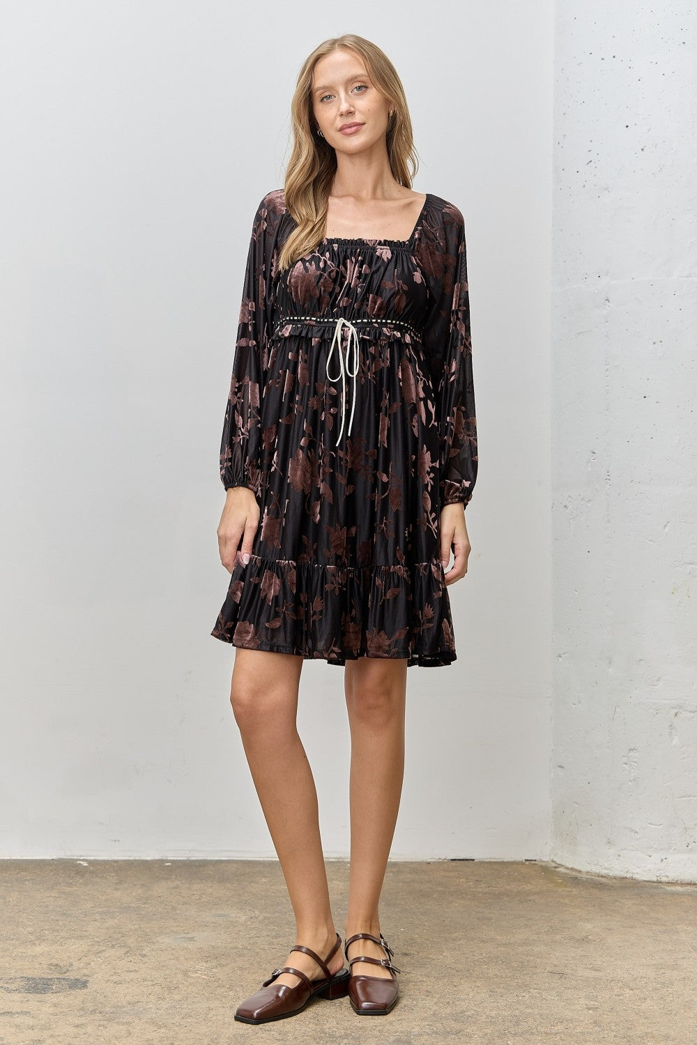 Black Floral Velvet Ruffle Accent Maternity Dress