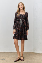 Black Floral Velvet Ruffle Accent Maternity Dress