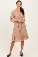 Mocha Floral Velvet Ruffle Accent Maternity Dress