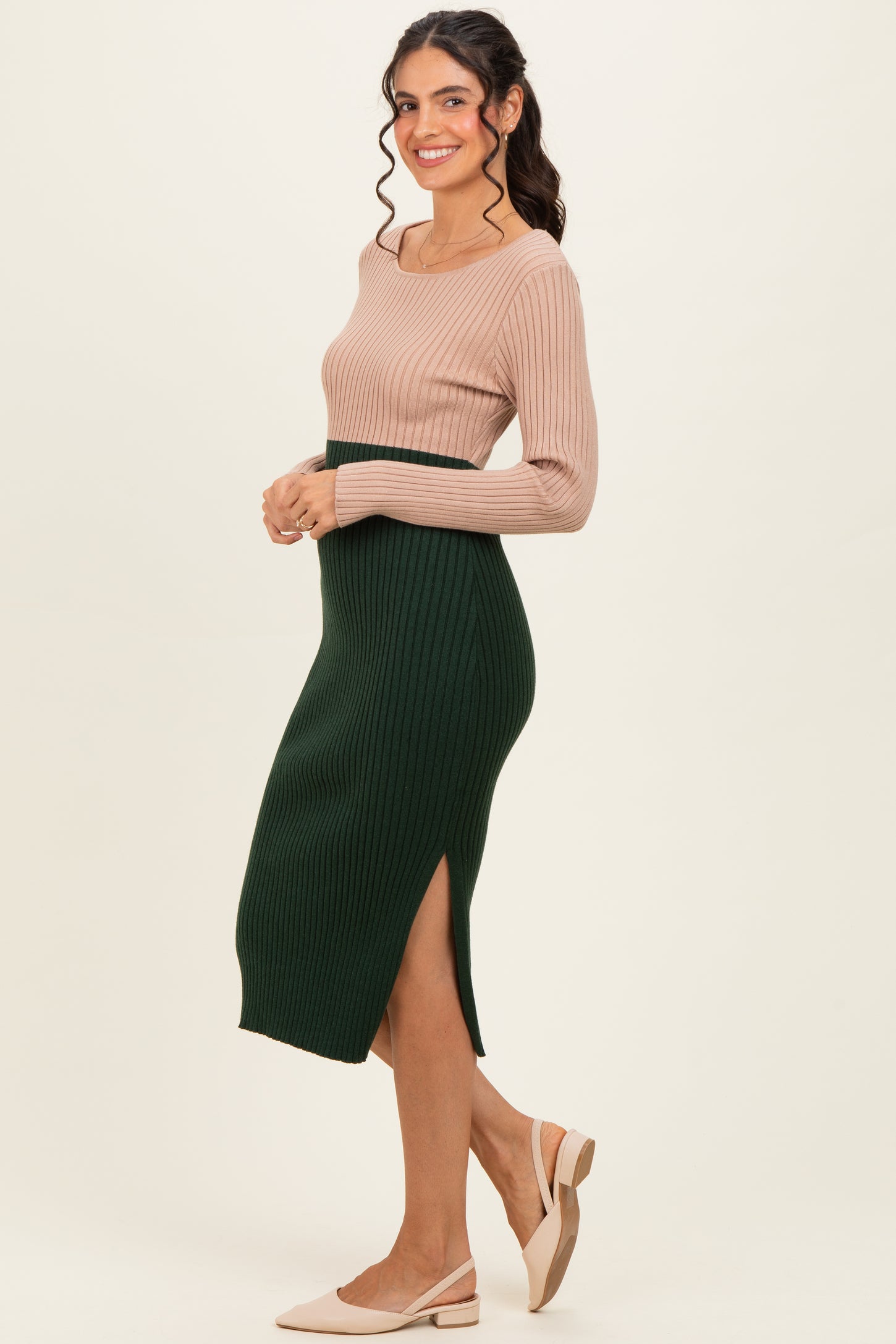 Beige Knit Colorblock Long Sleeve Midi Dress