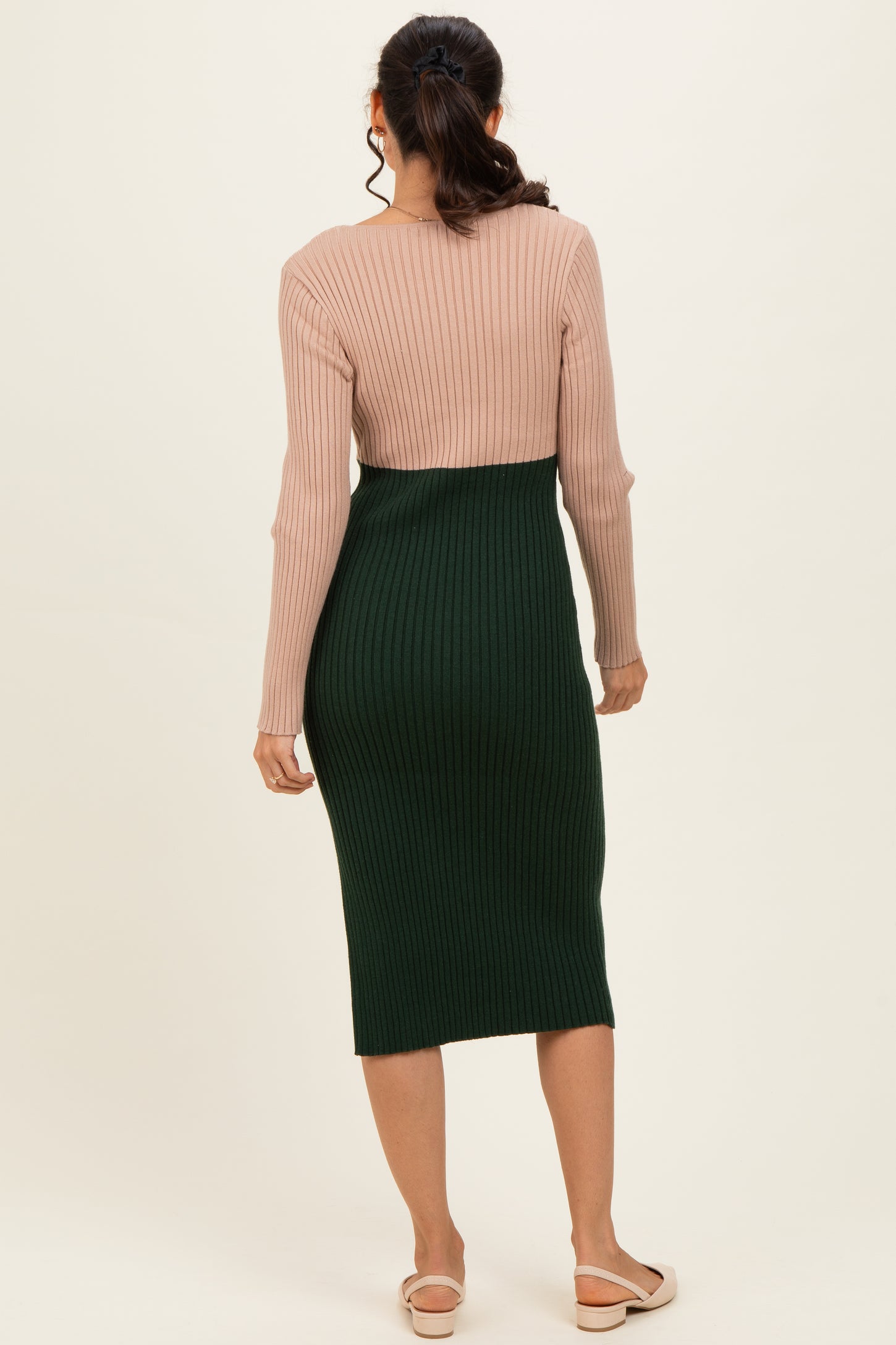 Beige Knit Colorblock Long Sleeve Midi Dress