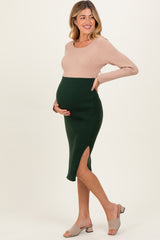 Beige Knit Colorblock Long Sleeve Maternity Midi Dress