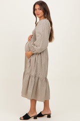 Beige Plaid Smocked Puff Sleeve Maternity Midi Dress