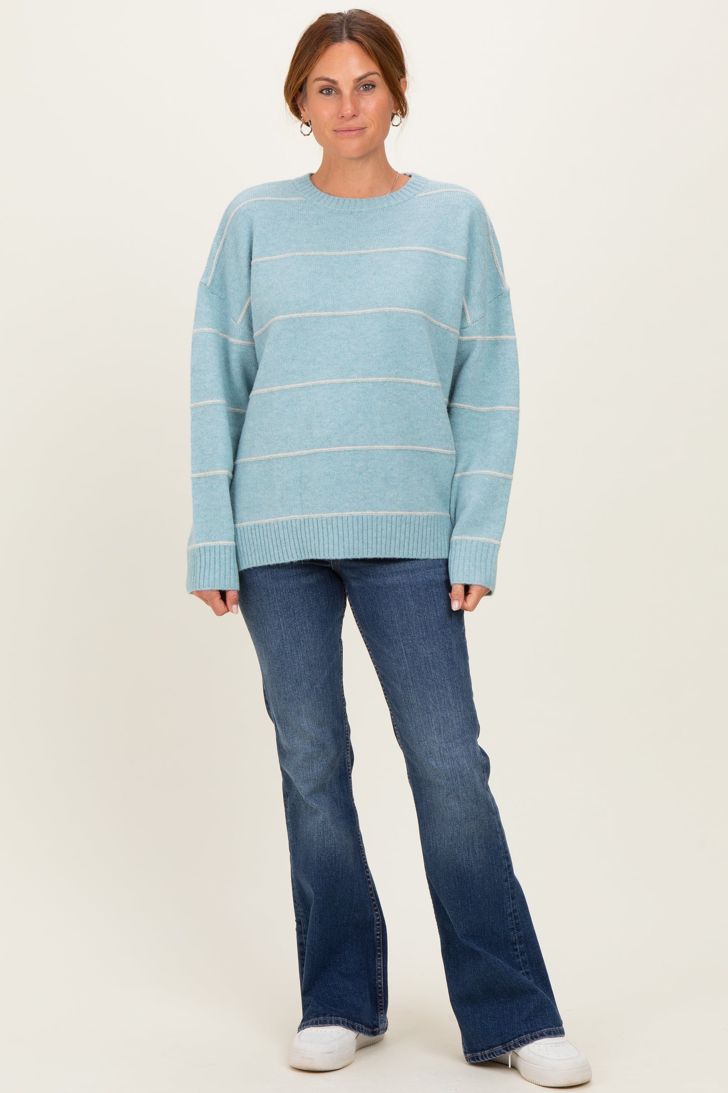 Light Blue Striped Drop Shoulder Sweater