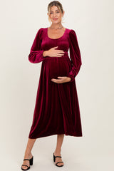 Burgundy Velvet Smocked Long Sleeve Maternity Midi Dress