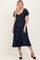 Navy Floral Jacquard Puff Sleeve Midi Dress