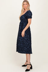 Navy Floral Jacquard Puff Sleeve Midi Dress