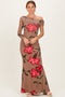 Mocha Floral Off Shoulder One Sleeve Maxi Dress