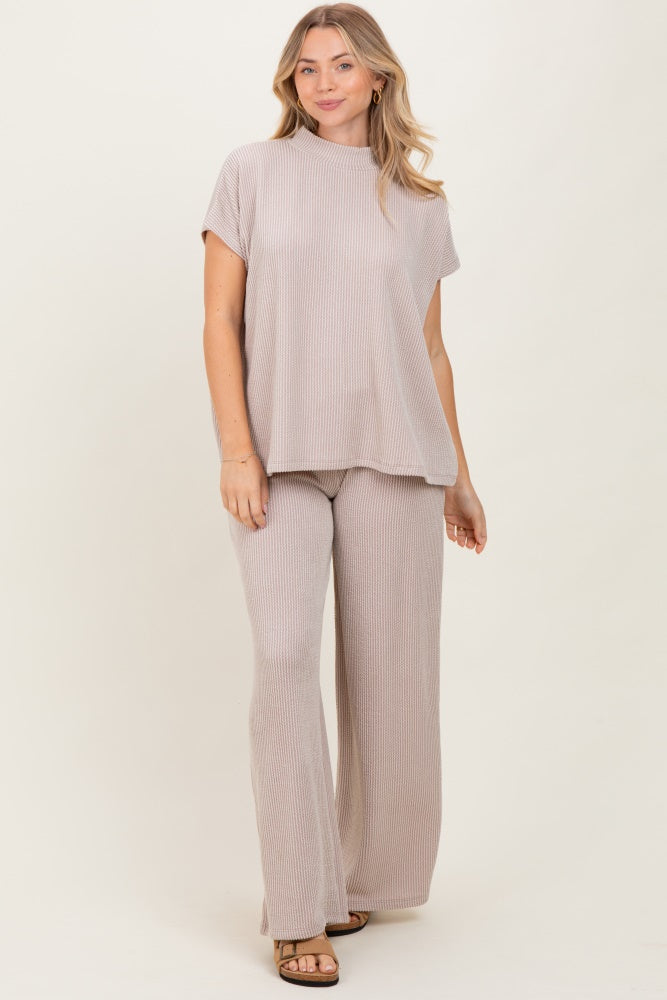 Cream Textured Rib Mock Neck Short Sleeve Pant Set