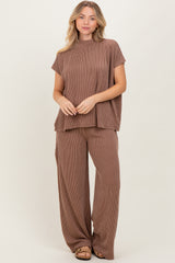 Brown Textured Rib Mock Neck Short Sleeve Pant Set