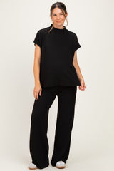 Black Textured Rib Mock Neck Short Sleeve Pant Maternity Set