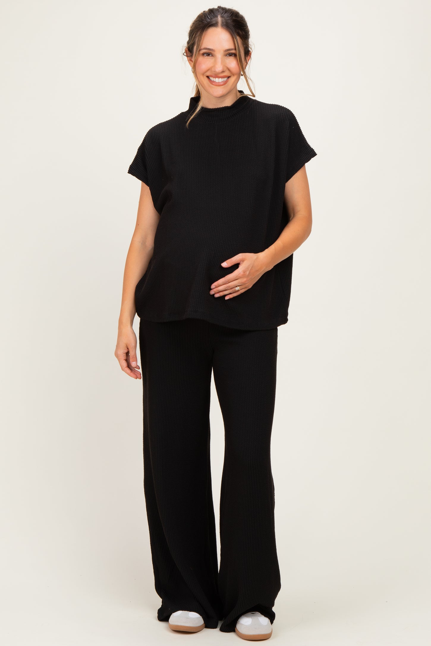 Black Textured Rib Mock Neck Short Sleeve Pant Maternity Set