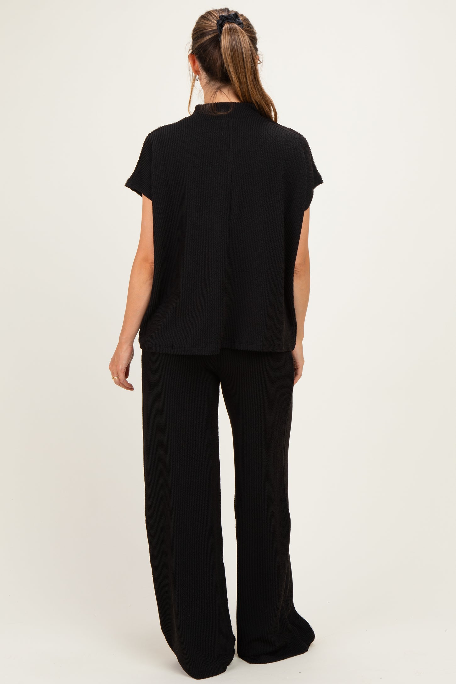 Black Textured Rib Mock Neck Short Sleeve Pant Maternity Set