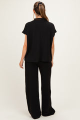 Black Textured Rib Mock Neck Short Sleeve Pant Maternity Set