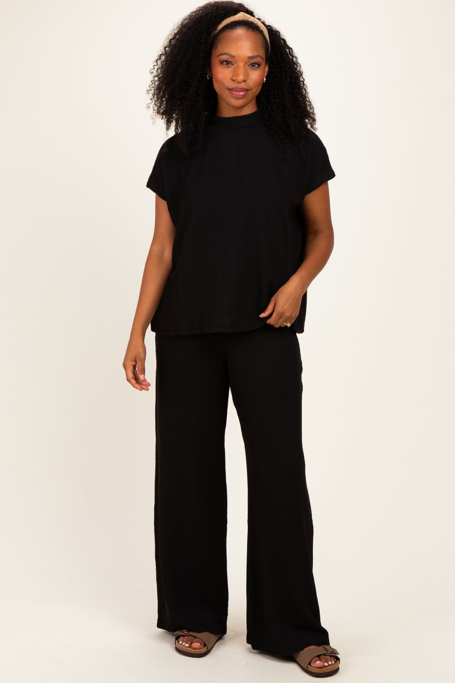 Black Textured Rib Mock Neck Short Sleeve Pant Set