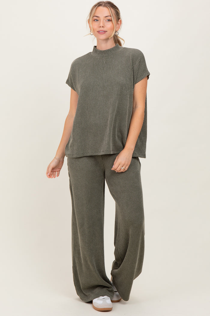 Olive Textured Rib Mock Neck Short Sleeve Pant Maternity Set