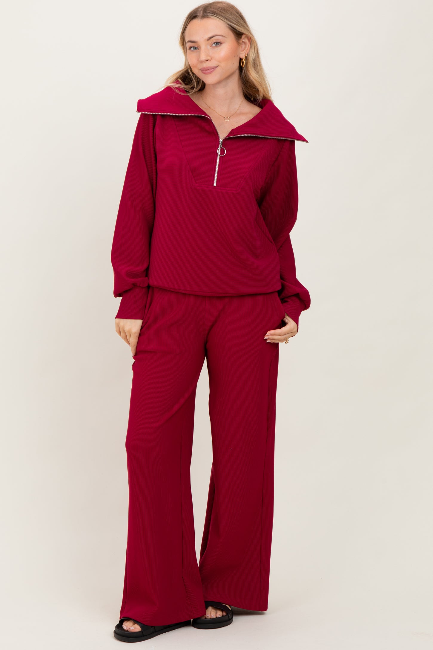 Burgundy RIbbed Half Zip Pullover Wide Leg Pant Set