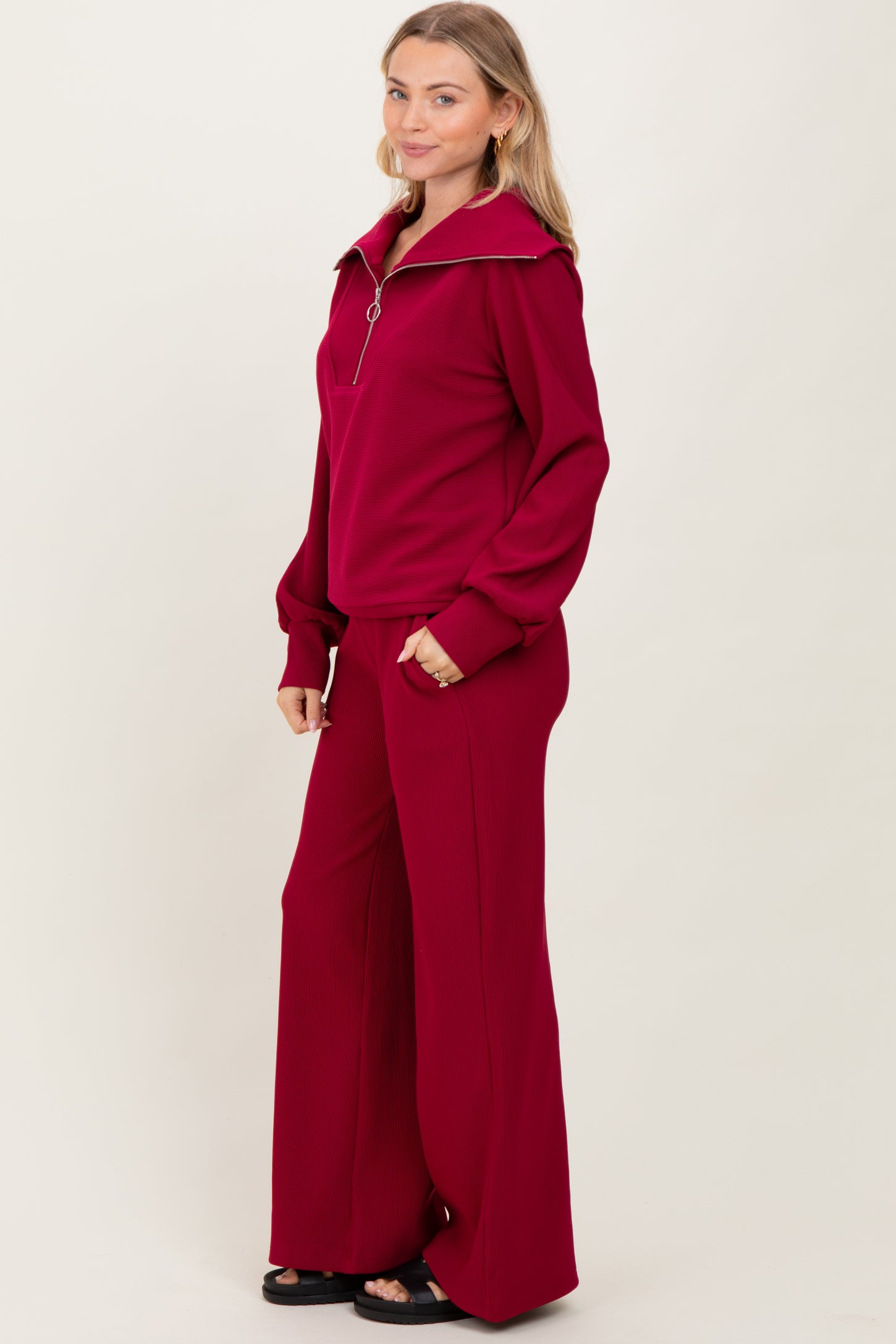 Burgundy RIbbed Half Zip Pullover Wide Leg Pant Maternity Set