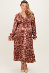 Taupe/Rust Satin Leopard Tiered Side Pocket Plus Maternity Maxi Dress