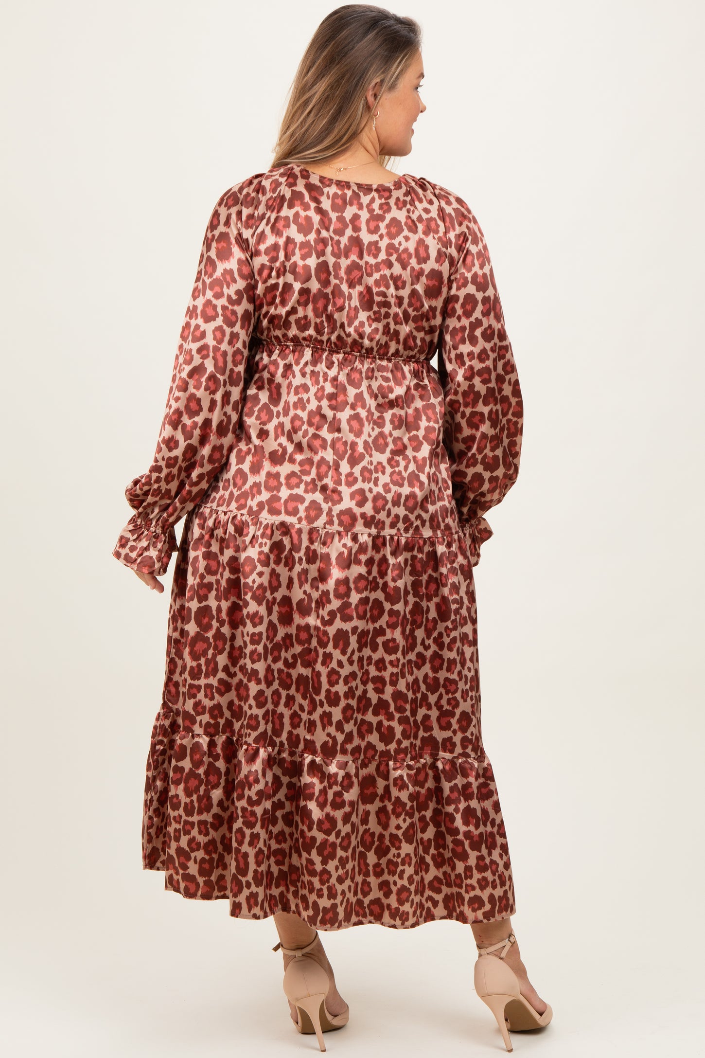 Taupe/Rust Satin Leopard Tiered Side Pocket Plus Maternity Maxi Dress