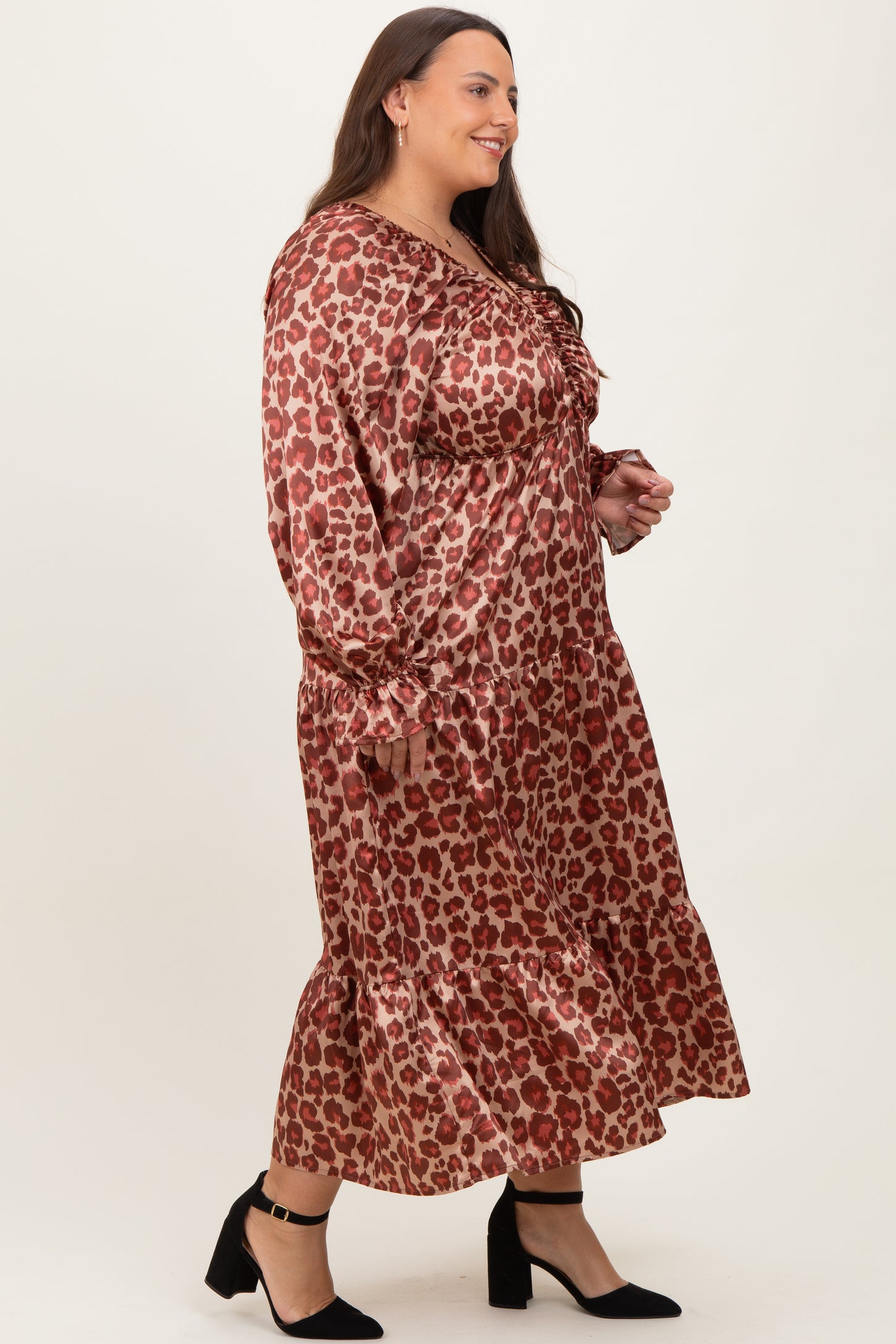 Taupe/Rust Satin Leopard Tiered Side Pocket Plus Maxi Dress