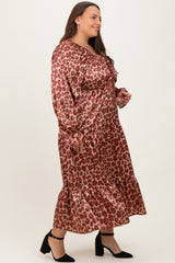 Taupe/Rust Satin Leopard Tiered Side Pocket Plus Maxi Dress
