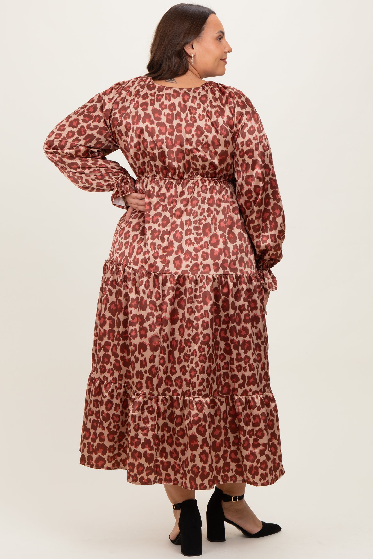 Taupe/Rust Satin Leopard Tiered Side Pocket Plus Maxi Dress