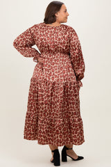 Taupe/Rust Satin Leopard Tiered Side Pocket Plus Maxi Dress