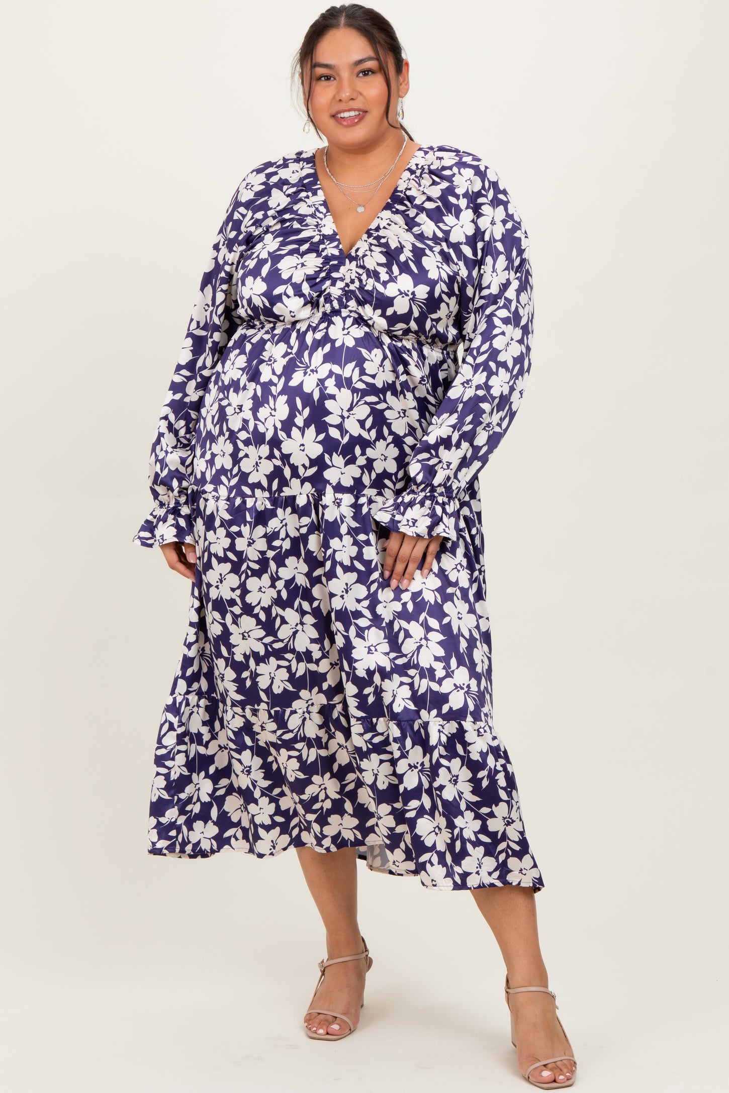 Navy Floral Tiered Ruched V-Neck Satin Plus Maternity Maxi Dress