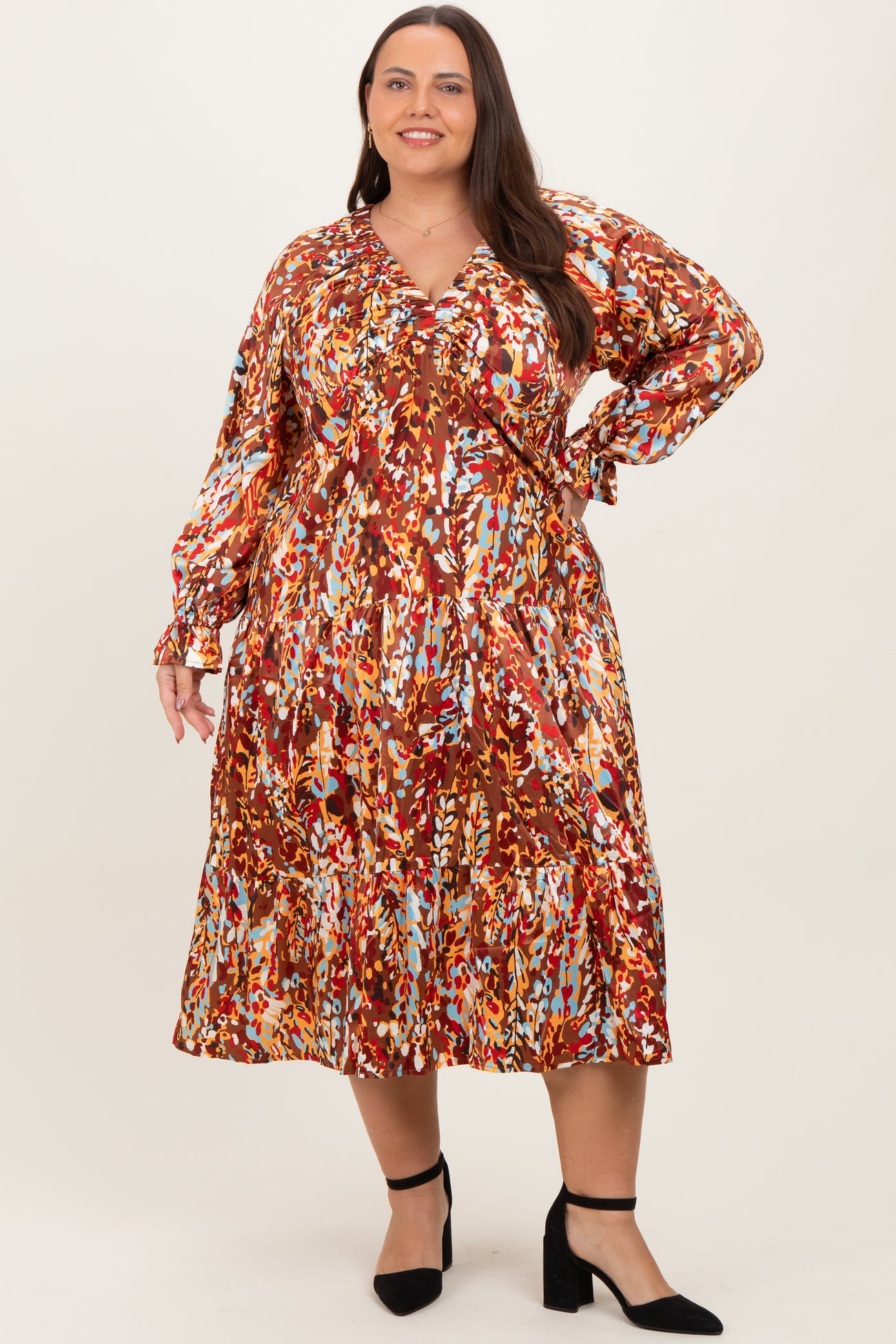 Mocha Multi Color Satin V-Neck Long Sleeve Plus Maternity Maxi Dress