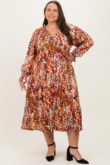 Mocha Multi Color Satin V-Neck Long Sleeve Plus Maternity Maxi Dress