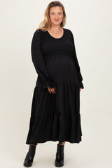 Black Smocked Tiered Long Sleeve Plus Maternity Maxi Dress