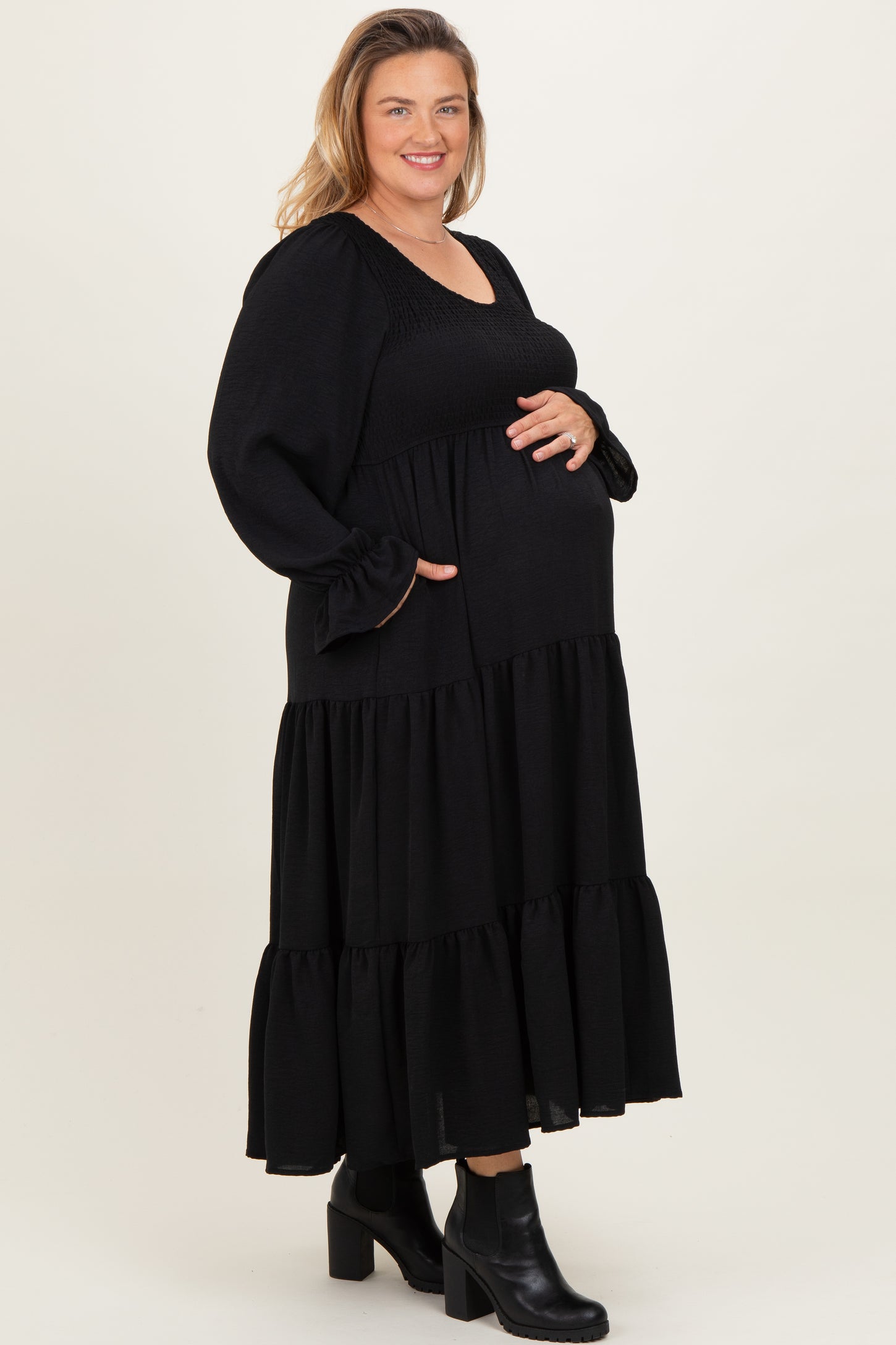 Black Smocked Tiered Long Sleeve Plus Maternity Maxi Dress