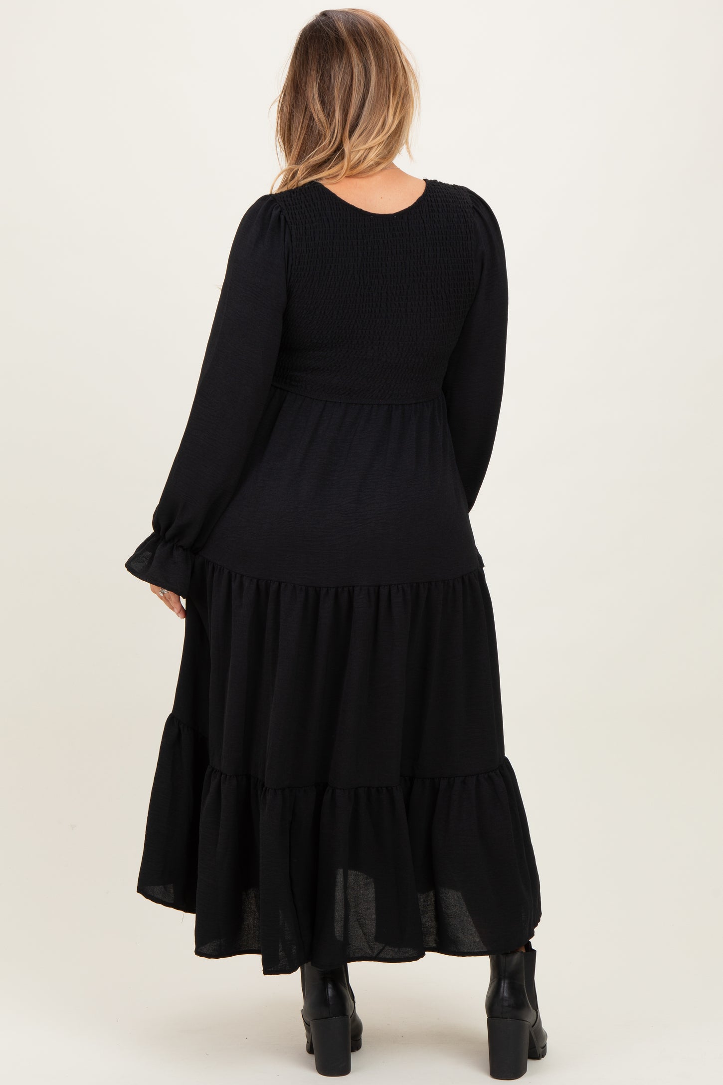 Black Smocked Tiered Long Sleeve Plus Maternity Maxi Dress