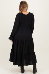 Black Smocked Tiered Long Sleeve Plus Maternity Maxi Dress